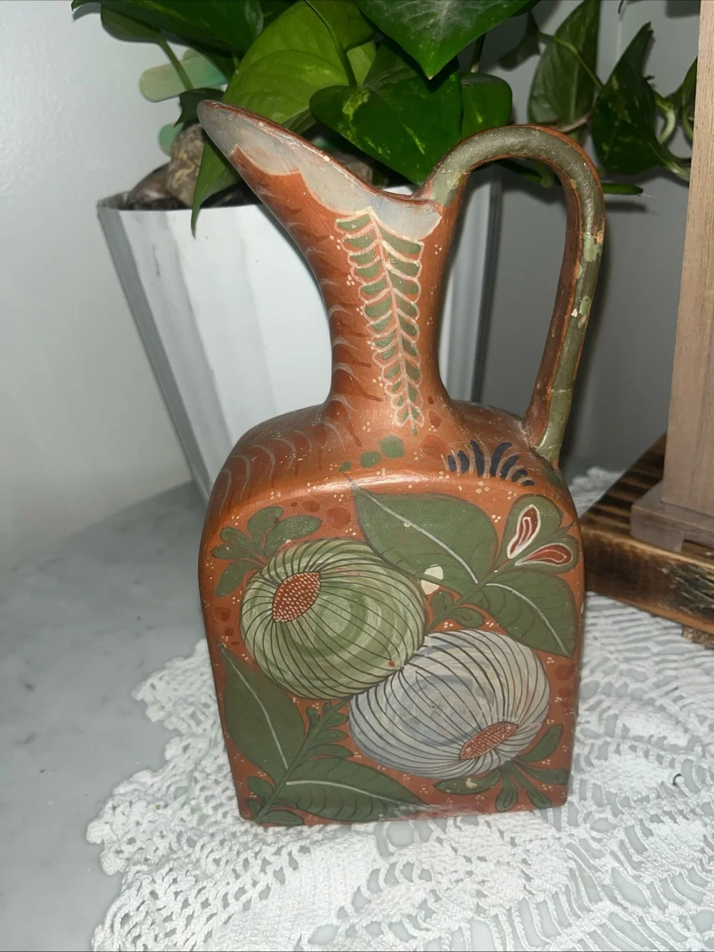 Vintage 10” Mexican Pottery Pitcher Southwest Boho Decor Floral Leaf Design